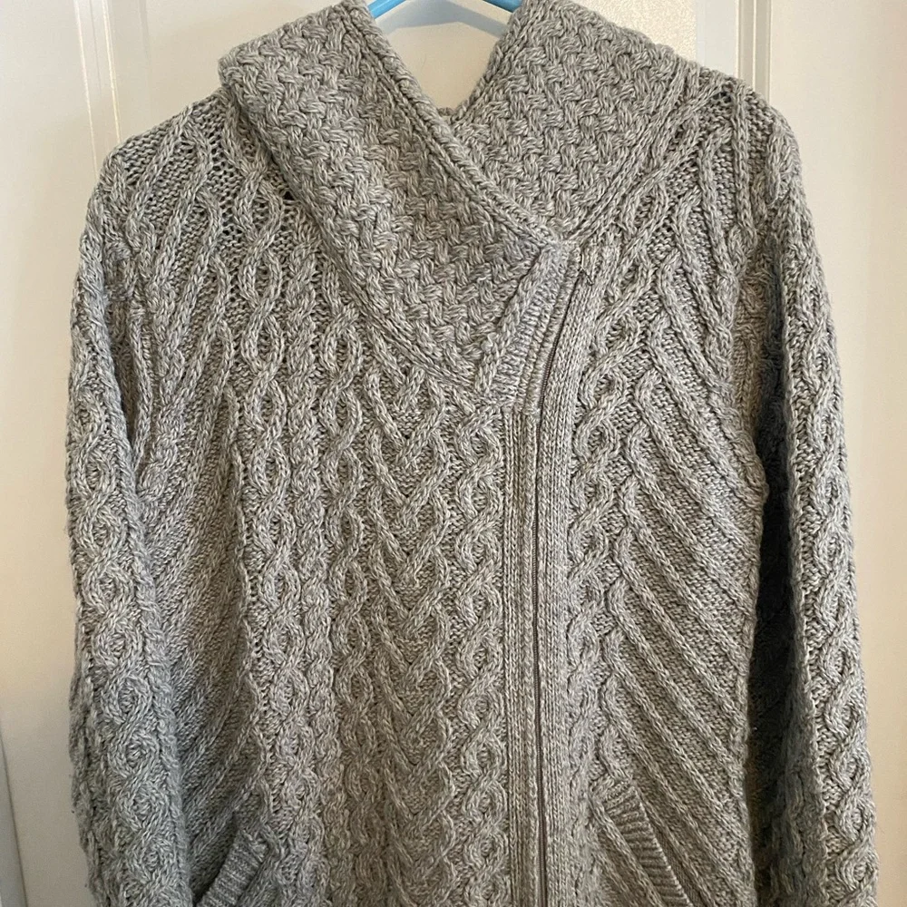 Aran Mor Made in Ireland Merino Wool Cable Knit Hooded Long Cardigan - Picture 3 of 14